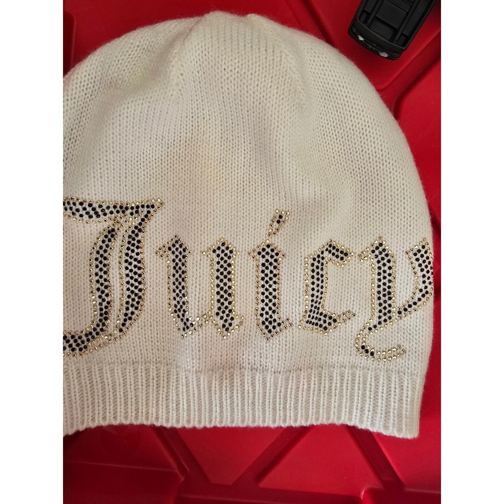 Juicy Couture Womens‎ Beanie Hat White Sparkle Rhinestone Logo Knit Winter